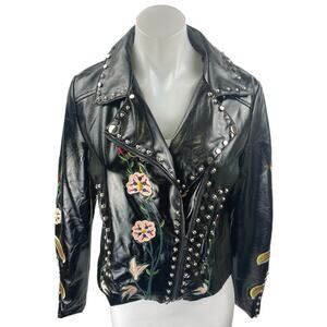 Ellie White Black Patent Faux Leather Studded Floral Embroidered Moto Jacket S